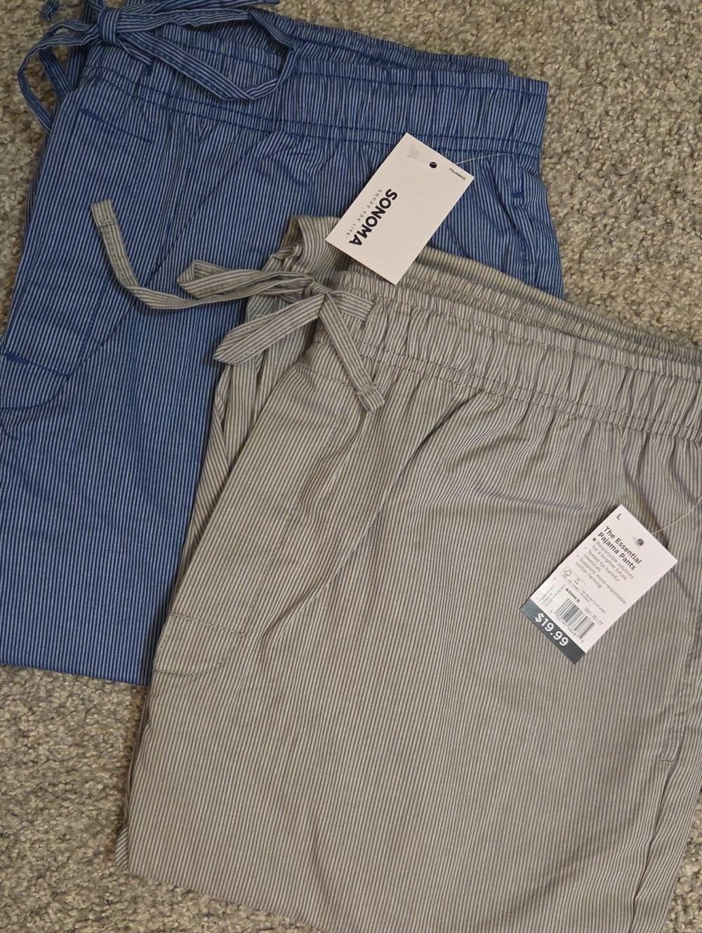 2 Pair Sonoma Pinstripe Drawstring Pajama Pants in Blue and Gray, Mens Large NWT
